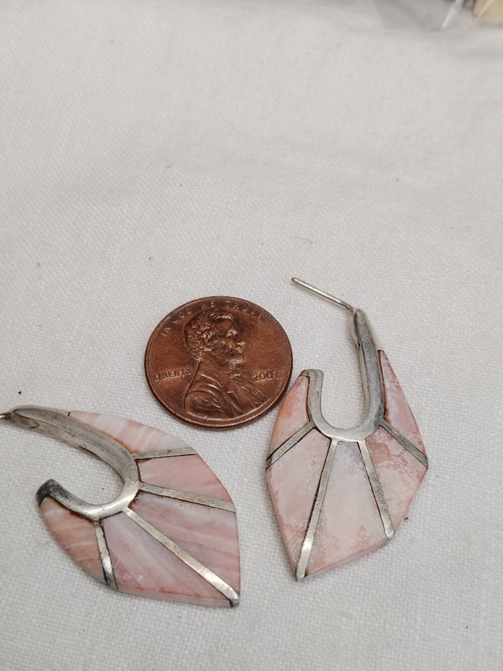 Sterling Silver Pink Stone Inlay Earrings – Geometric Artisan 1.5" Drop - Picture 2 of 7